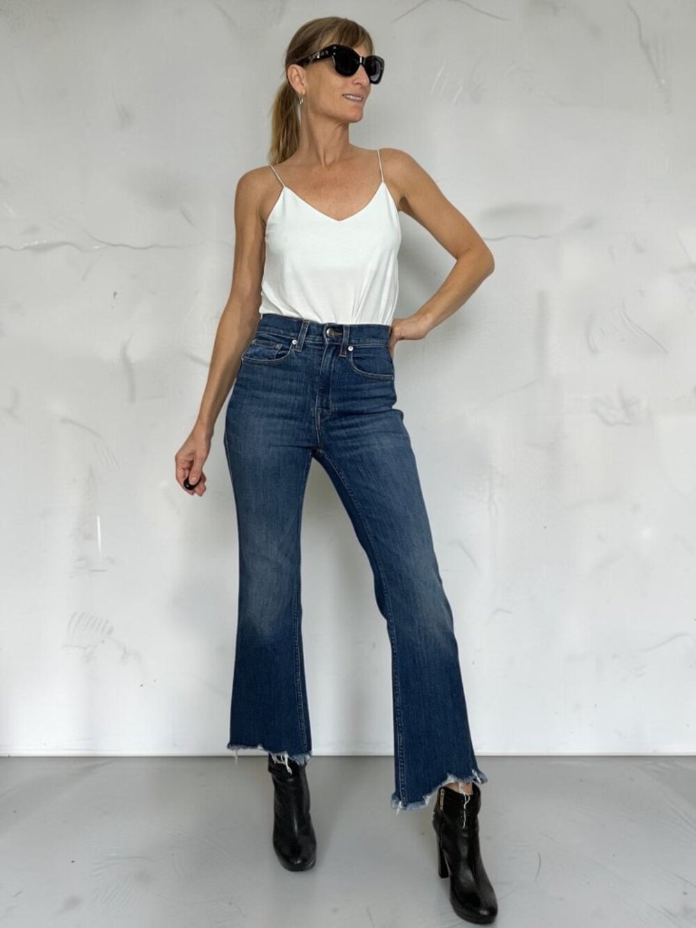 AYR The Namaste Jean 24 Blue High Rise Flare Leg Cropped Frayed